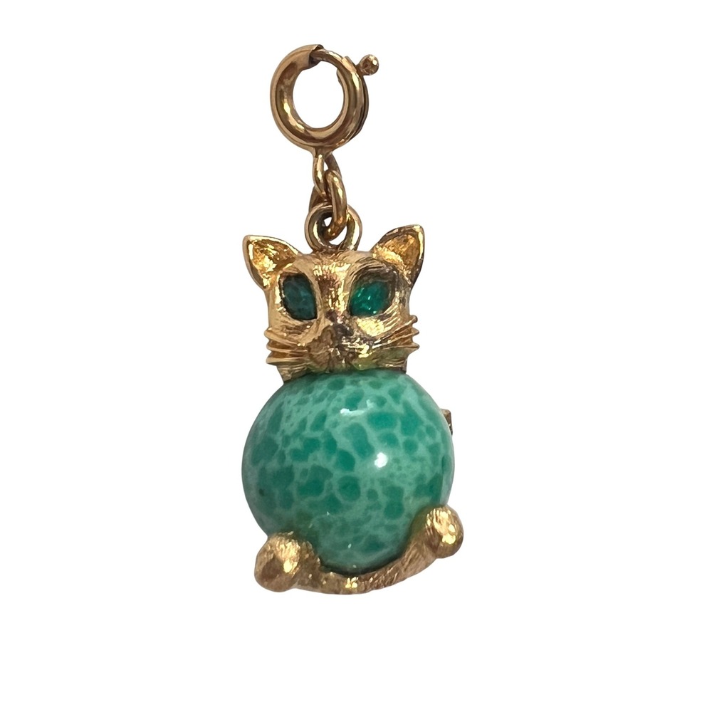 Vintage Removable Monet Cat Charm 1960s Book Piece Gold Green Eyes